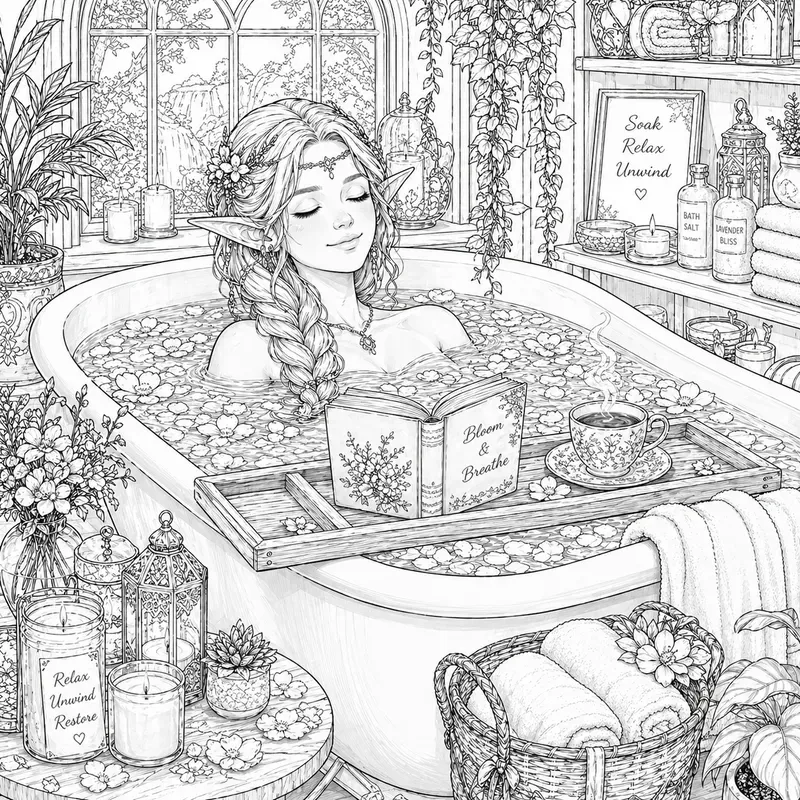 Relaxing Spa Bath Coloring Art Scenes