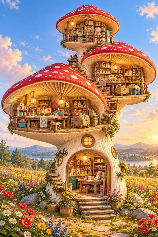 Whimsical Mushroom Workshop Art