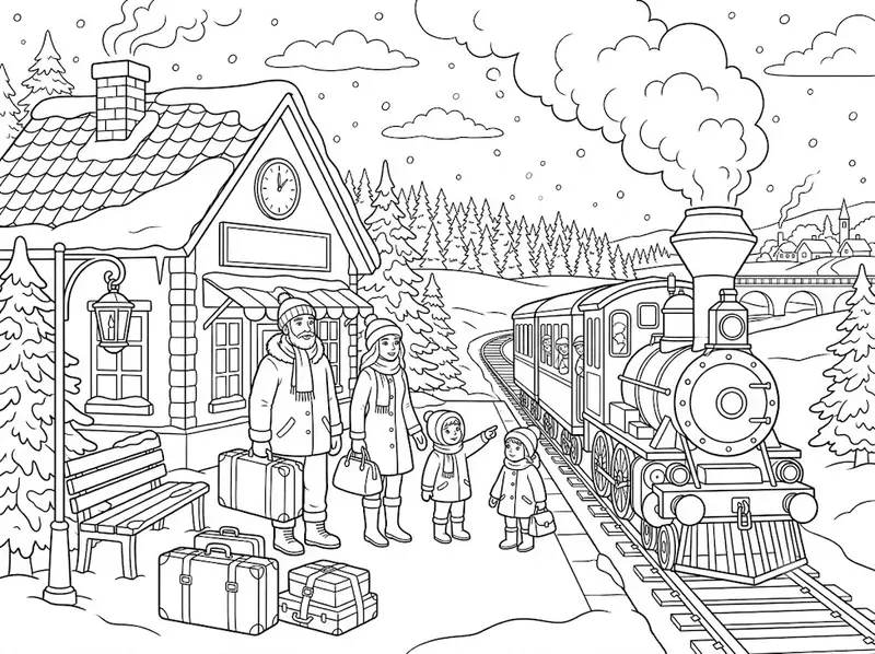 Snowy Winter Railway Coloring Pages