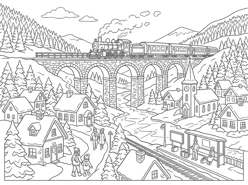 Snowy Winter Railway Coloring Pages