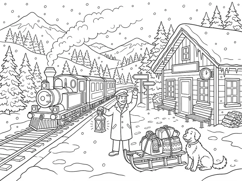 Snowy Winter Railway Coloring Pages