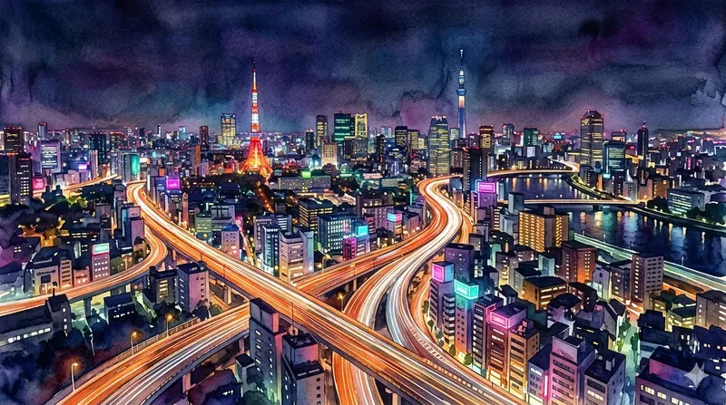 Atmospheric Night City Watercolor Panos