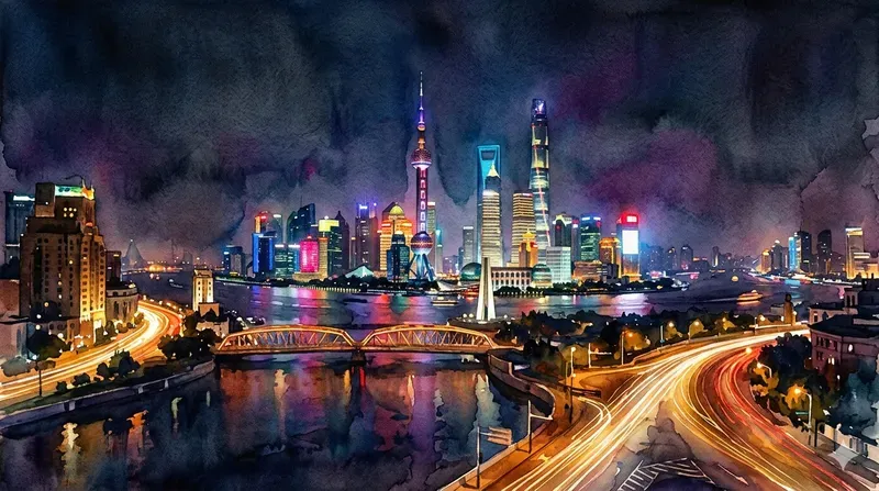 Atmospheric Night City Watercolor Panos