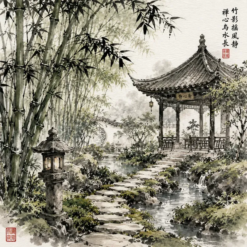 Zen Ink Watercolor Scenes