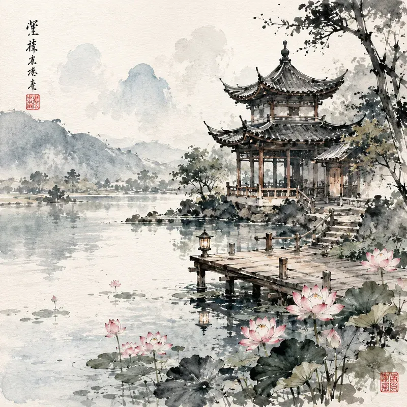 Zen Ink Watercolor Scenes