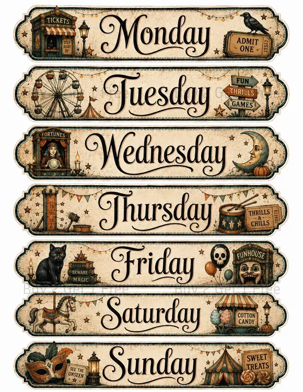 Weekday Label Strip Ephemera Sheets