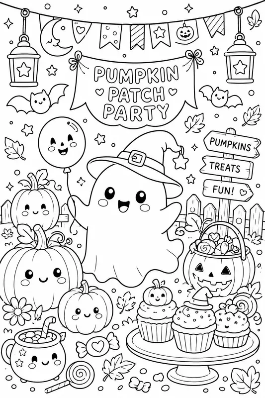 Kawaii Halloween Coloring Line Art