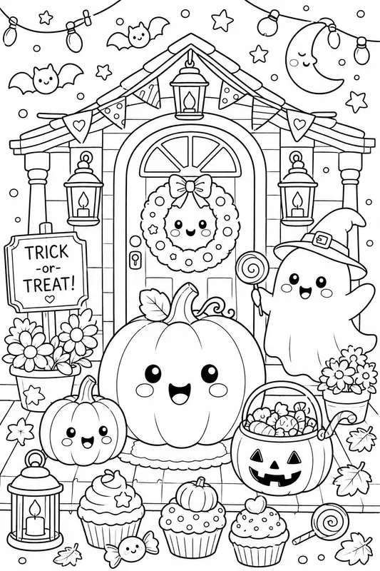 Kawaii Halloween Coloring Line Art