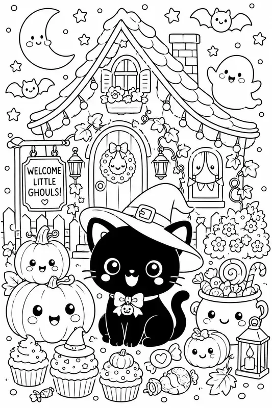 Kawaii Halloween Coloring Line Art