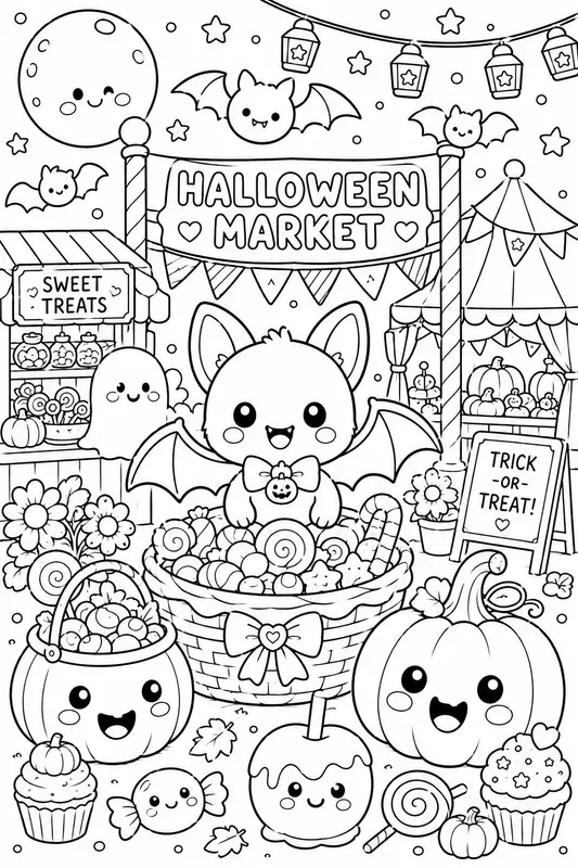 Kawaii Halloween Coloring Line Art