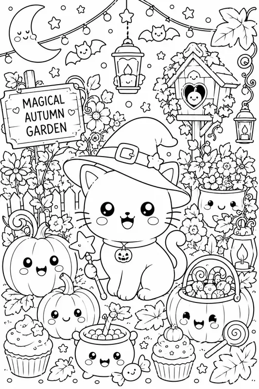 Kawaii Halloween Coloring Line Art