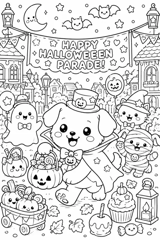Kawaii Halloween Coloring Line Art