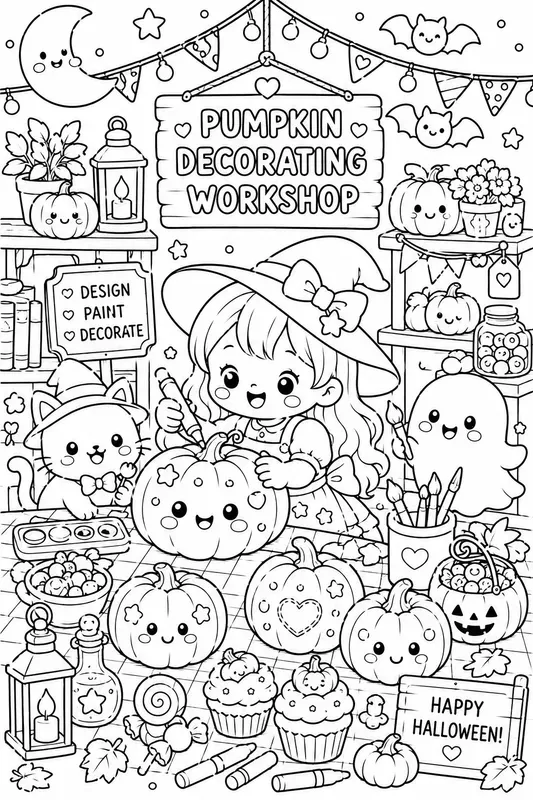 Kawaii Halloween Coloring Line Art