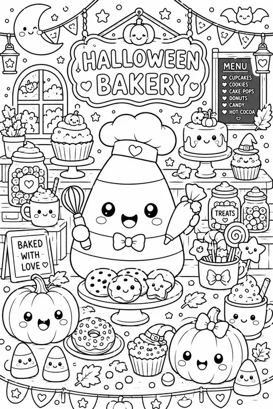 Kawaii Halloween Coloring Line Art