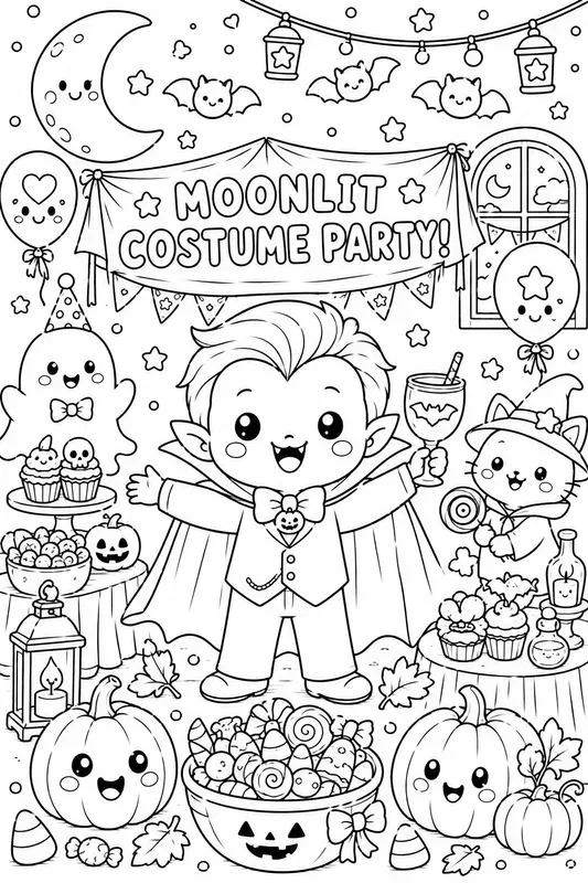 Kawaii Halloween Coloring Line Art