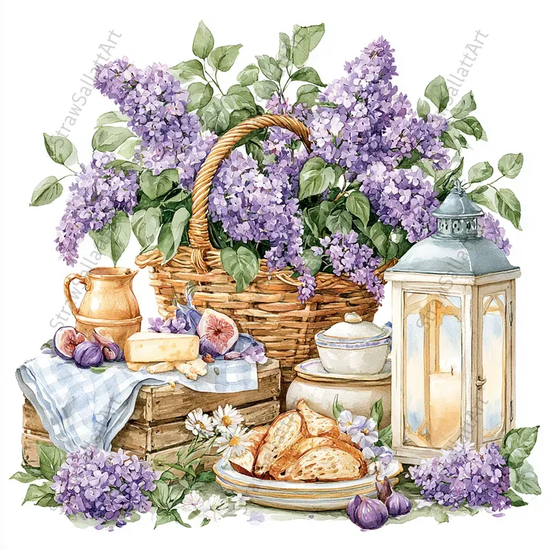 French Cottage Lilac Watercolor Clipart