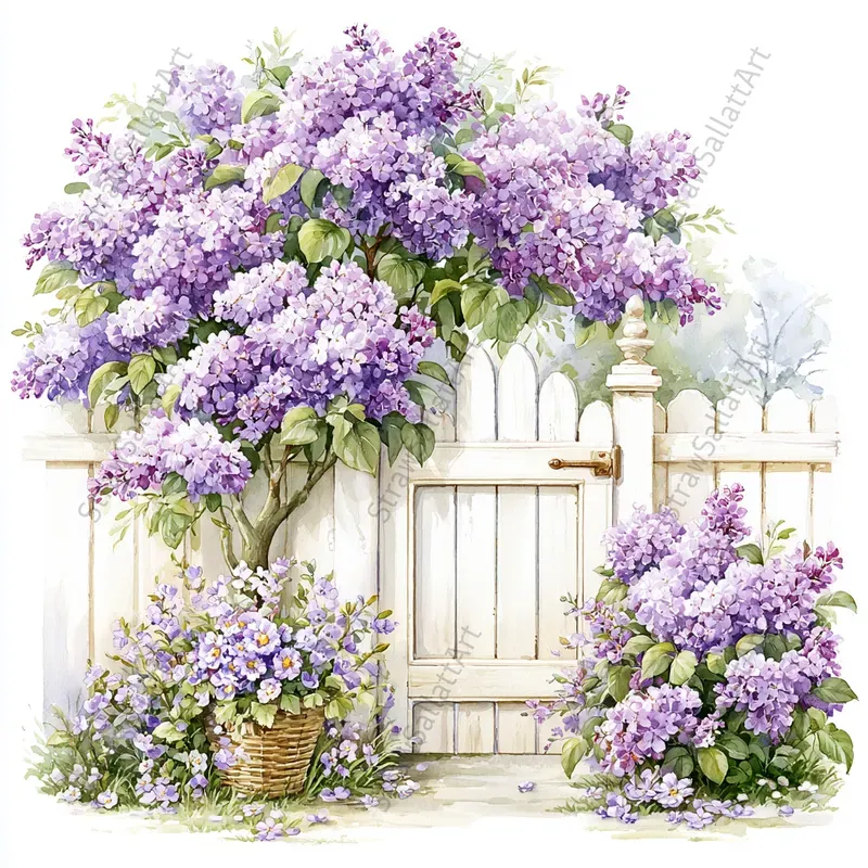 French Cottage Lilac Watercolor Clipart