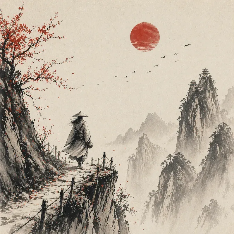 Zen Ink Landscape Lone Wanderers