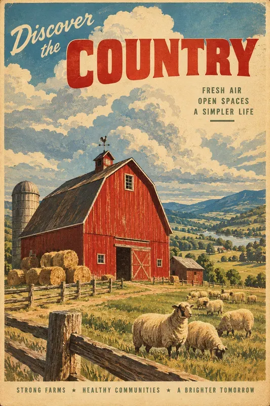 Retro Country Farm Scene Art