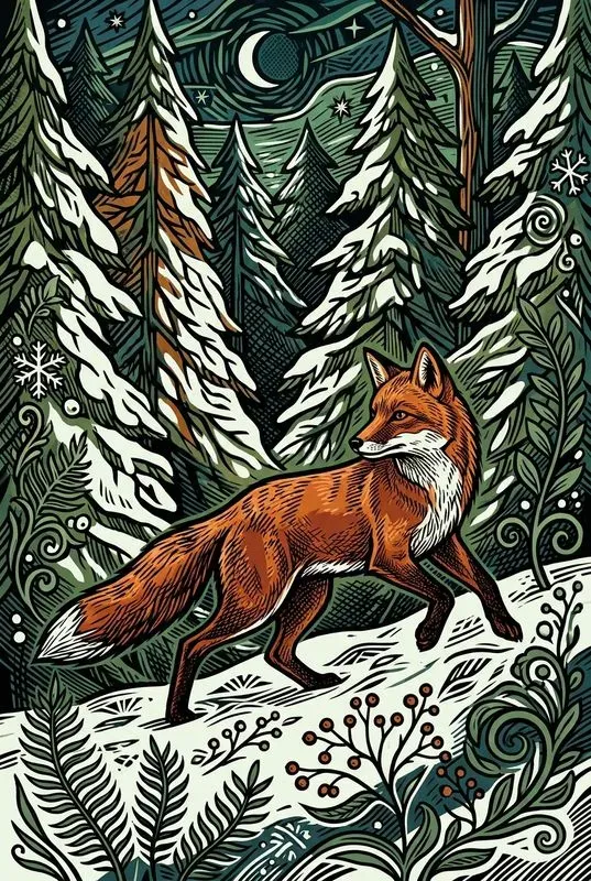 Folk Linocut Animal Story Art