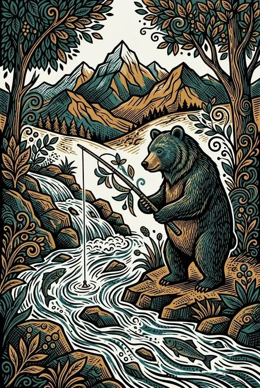 Folk Linocut Animal Story Art
