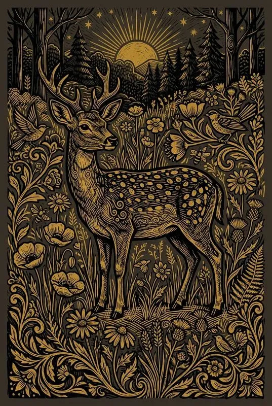 Folk Linocut Animal Story Art