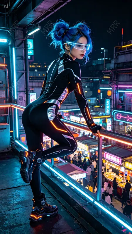 Cyberpunk Neon Balcony Girls