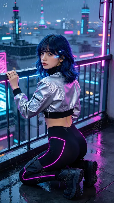 Cyberpunk Neon Balcony Girls
