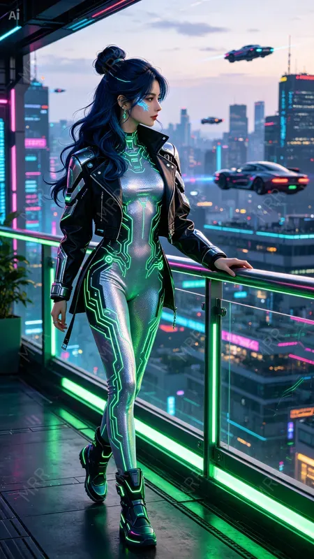 Cyberpunk Neon Balcony Girls