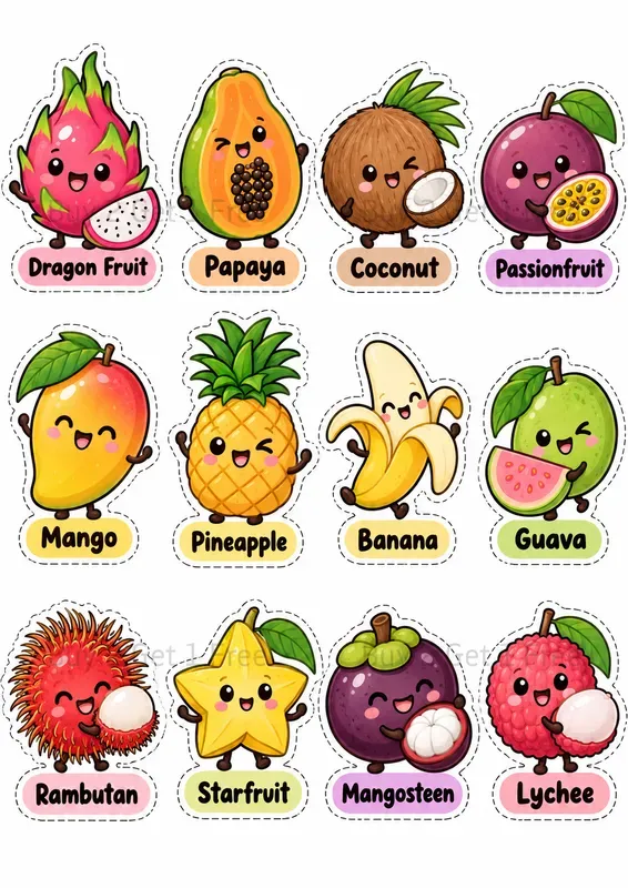 Kawaii Word Learning Sticker Cliparts