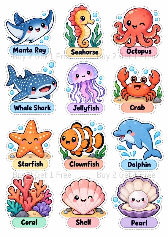 Kawaii Word Learning Sticker Cliparts