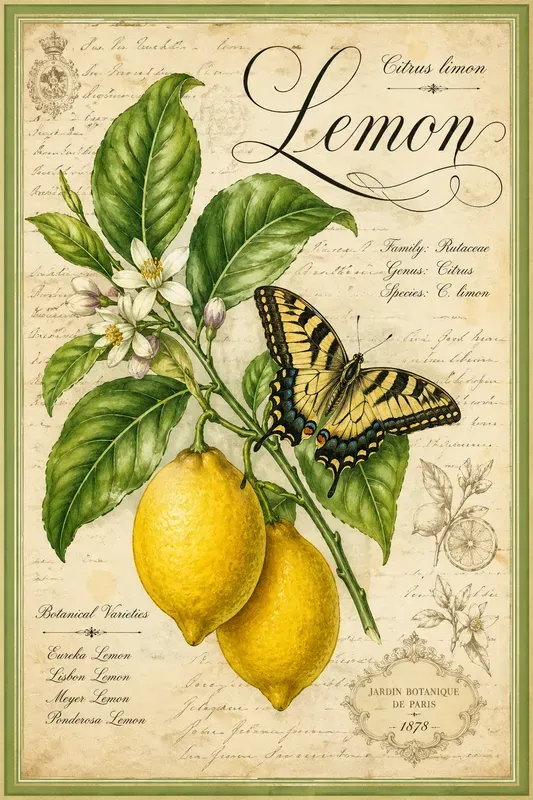Vintage Botanical Fruit Butterfly Art