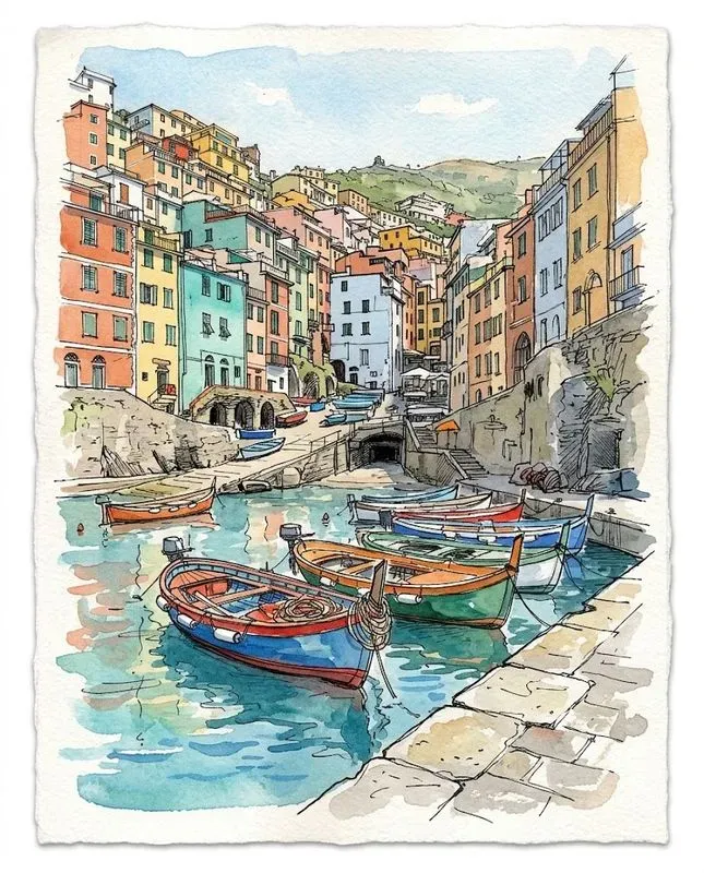 Watercolor Ink Coastal Harbor Sketches