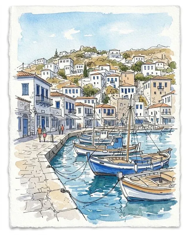Watercolor Ink Coastal Harbor Sketches