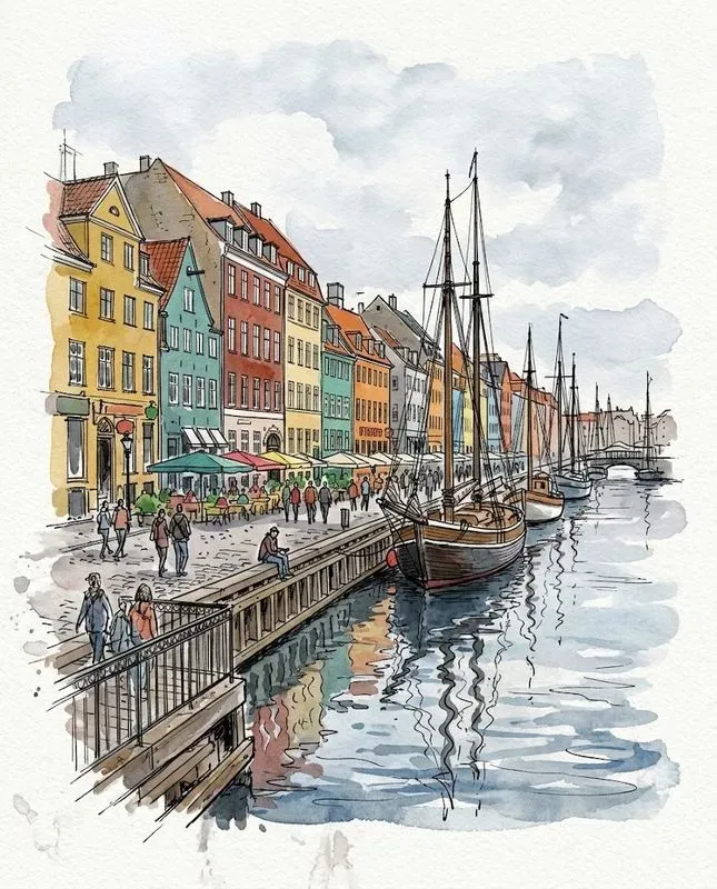 Watercolor Ink Coastal Harbor Sketches