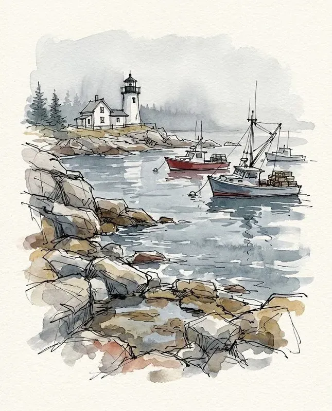 Watercolor Ink Coastal Harbor Sketches