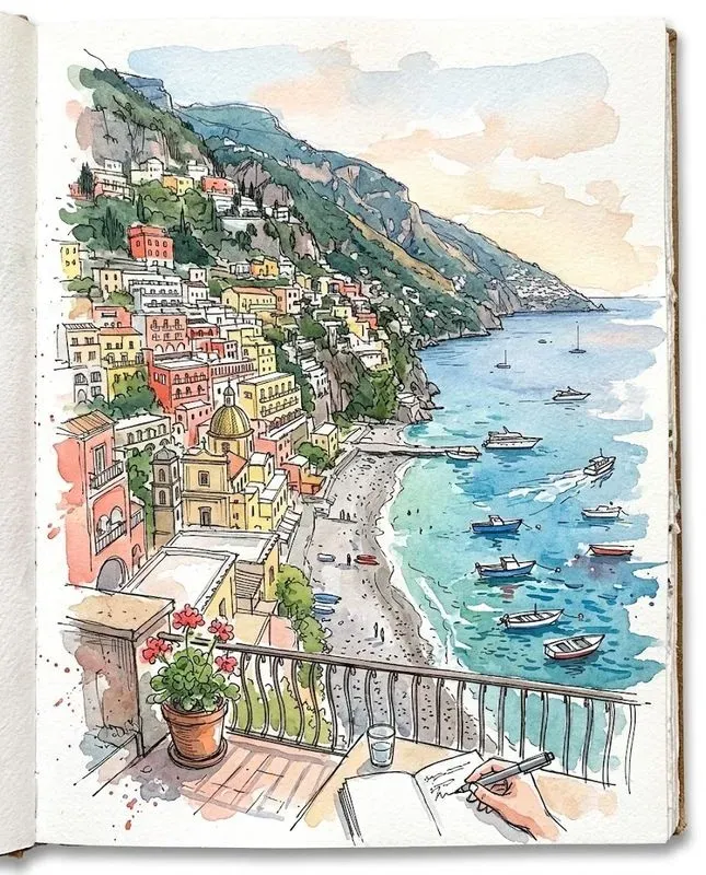 Watercolor Ink Coastal Harbor Sketches