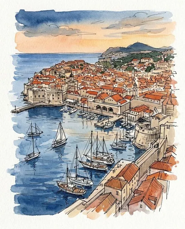 Watercolor Ink Coastal Harbor Sketches