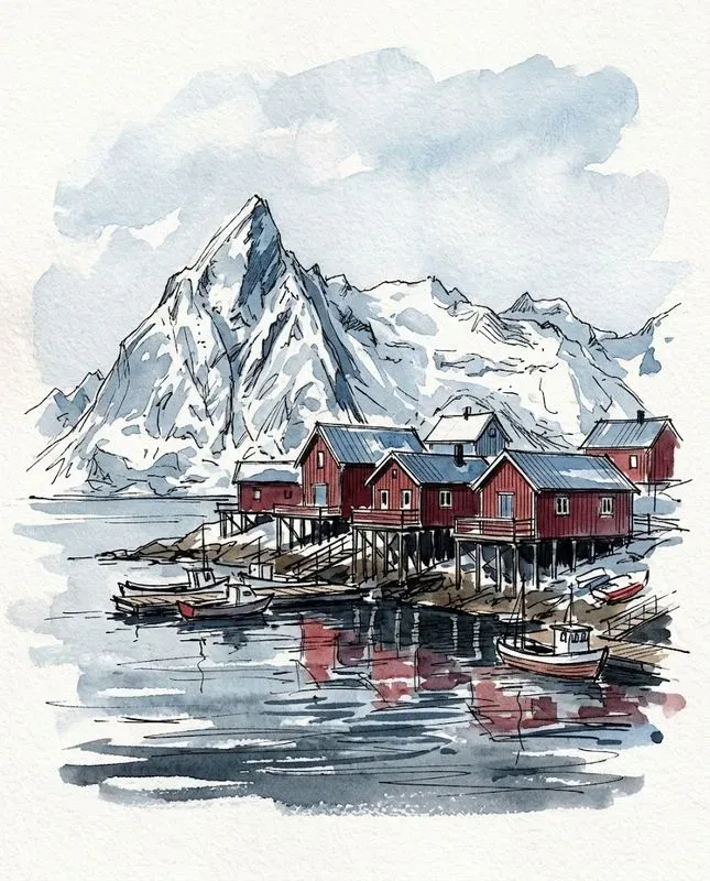 Watercolor Ink Coastal Harbor Sketches