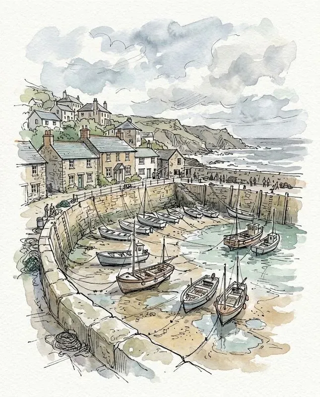 Watercolor Ink Coastal Harbor Sketches