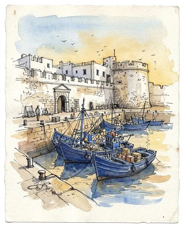 Watercolor Ink Coastal Harbor Sketches