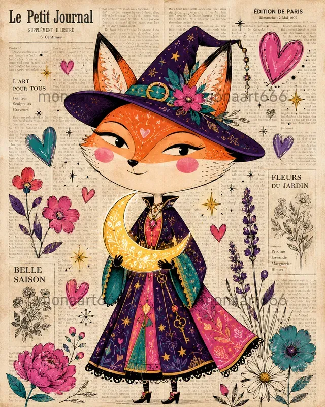 Vibrant Whimsical Newsprint Folk Art