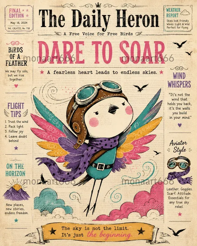 Vibrant Whimsical Newsprint Folk Art