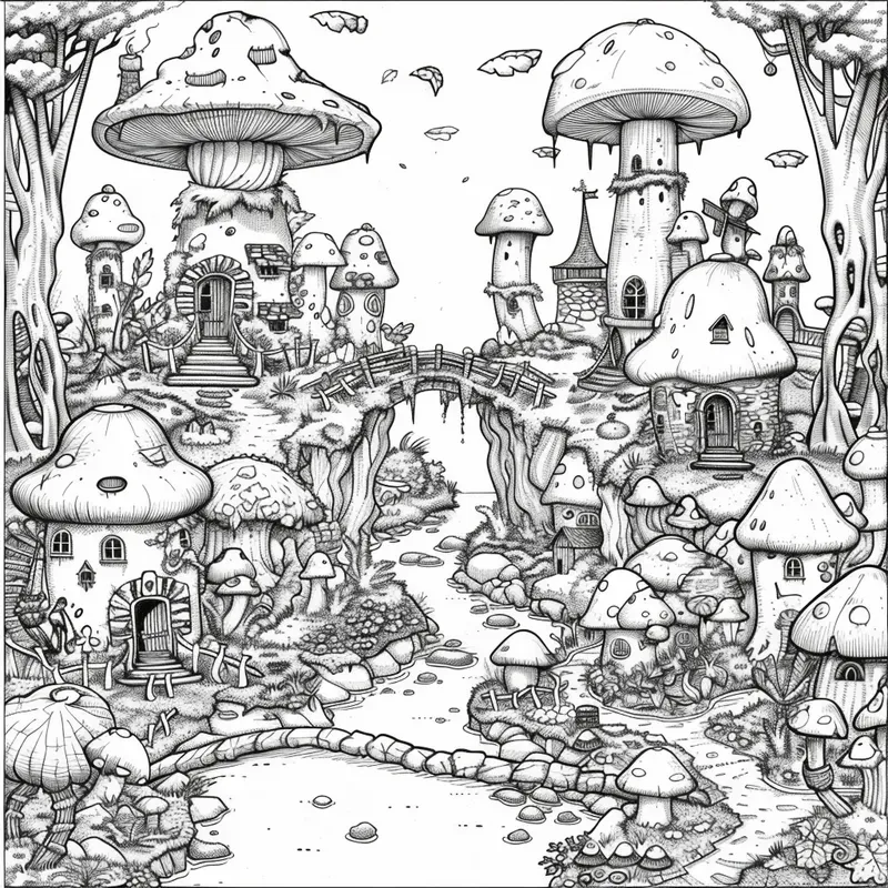 Enchanted Mushroom Village Coloring Books
