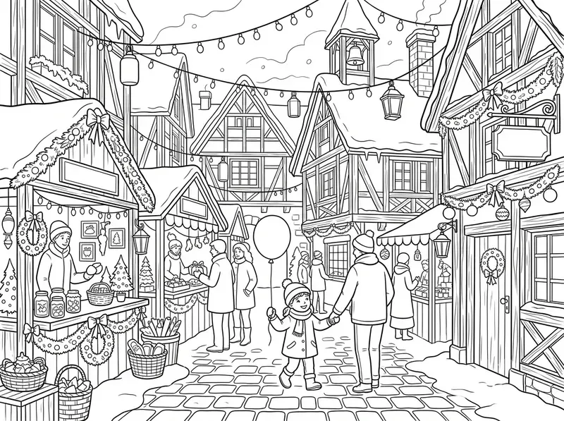 Cozy Christmas Market Coloring Pages