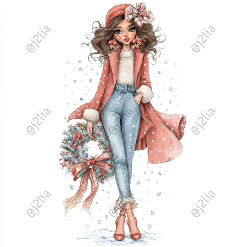 Cozy Christmas Female Characters Clipart