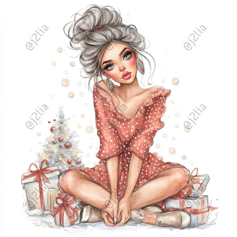 Cozy Christmas Female Characters Clipart