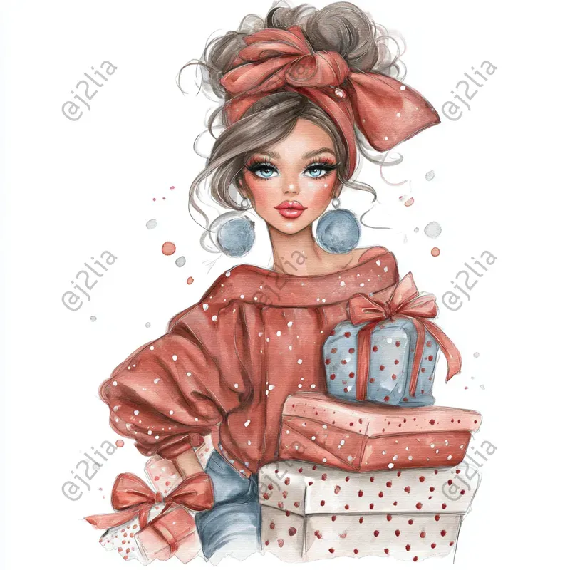 Cozy Christmas Female Characters Clipart