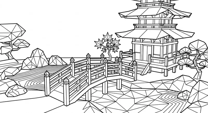 Origami Landscapes Adult Coloring Pages