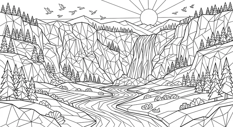 Origami Landscapes Adult Coloring Pages